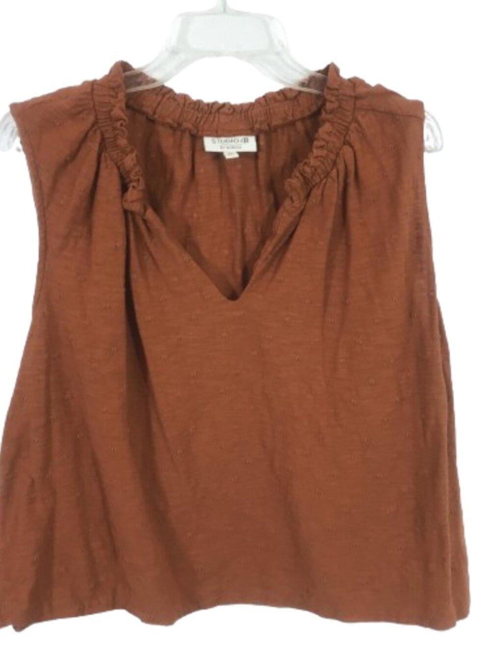 Sleeveless Ruffle Neck Swiss Dot Top 2X, STUDIO B by BOBEAU Sienna Brown